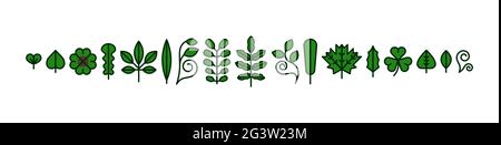 Moderne flache Linie grünen Blatt Pflanze Symbol auf isolierten weißen Hintergrund gesetzt. Verschiedene Natur Blätter und Baum Laub Symbol Sammlung. Stock Vektor