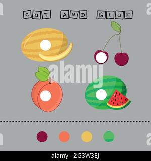 Die Entwicklung einer Aktivität für Kinder, die Aufgabe ist es, schneiden und kleben ein Stück auf die Früchte frische Wassermelone, Kirsche, Melone, Pfirsich. Logikspiel für Kinder Stock Vektor