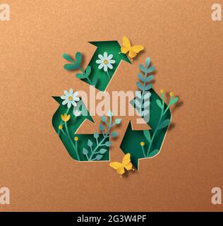 Upcycle papercut Illustration mit Pflanzenblatt und Schmetterling im Inneren recyceln Pfeil Zeichen. Umweltfreundliches Upcycling-Symbol, Null-Abfall-Konzept. 3D-Ausschnitt in Stock Vektor