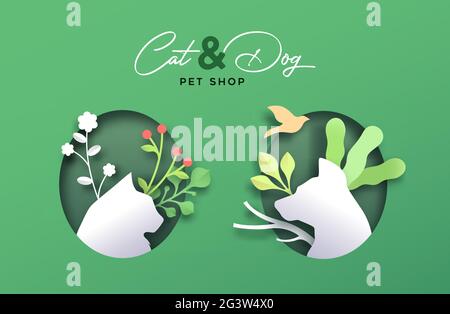 Katze und Hund PET Shop Papier geschnitten Banner Illustration von 3d-Papierschnitt Handwerk Tiere mit grünen Pflanzen Dekoration. Umweltfreundliche Haustiere Nahrung oder Tierarzt Stock Vektor