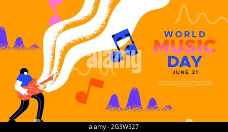 World Music Day Web-Vorlage Illustration des Mannes Musiker spielen E-Gitarre mit kreativen Sound-Formen und kopieren Raum.. Trendige musikalische Ferien e Stock Vektor