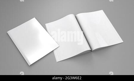 Magazinmockup öffnen. Leere Magazinvorlage für Kopierraum. Leeren Sie den Raum im Deckel. Grauer Hintergrund. 3d-Rendering. Stockfoto
