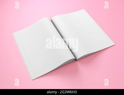 Magazinmockup öffnen. Leere Magazinvorlage für Kopierraum. Leeren Sie den Platz im Magazin. Rosa Hintergrund. 3d-Rendering. Stockfoto