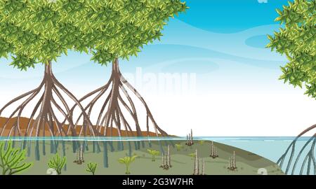 Naturszene mit Mangrovenwald am Tag im Cartoon-Stil Abbildung Stock Vektor