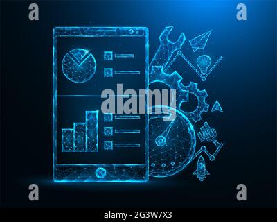 Mobile SEO-Optimierung low poly Art. Telefon, Getriebe, Tachometer, Service, Kommunikation und Analytik polygonalen Vektor illustrat Stockfoto