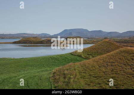 Schönes und seltenes Gebiet von Pseudo-Kratern, auch Vulkanen genannt, in der Nähe von Skutustadir und dem Myvatn-See in Island Stockfoto