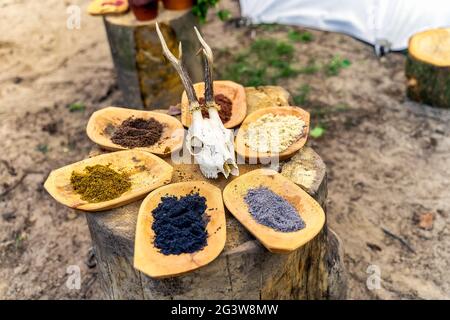 Vielfalt an gemahlenen Gewürzen auf Holztellern, hausgemacht Stockfoto