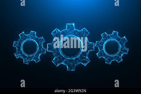 Zahnräder oder Zahnrad Low Poly Art. Mechanismus polygonale Vektor-Illustrationen auf einem blauen Hintergrund. Stockfoto