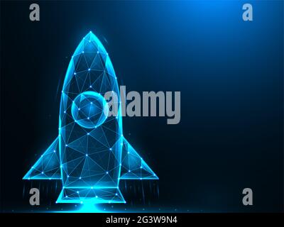 Rocket Low Poly Design. Space Shuttle starten polygonale Vektor-Illustrationen auf einem blauen Hintergrund. Stockfoto