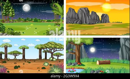 Vier verschiedene Szenen von Naturpark und Wald Illustration Stock Vektor