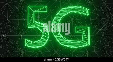 Grüne 5G Schrift glühen Grafiken Neue Generation der drahtlosen Netzwerktechnologie Konzept 3d-Rendering. Stockfoto