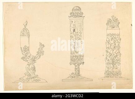 Trinkhorn mit einem Stamm in der Form eines tragenden bacchus, einem zylindrischen Deckel mit einer sonnendurchfluteten Landschaft und einem zylindrischen Deckelbecher mit Jungen, die in Weinbäumen klettern. . Stockfoto