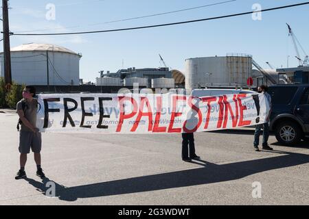 Seattle, USA. Juni 2021. Mittagsaktivisten der BDS am Terminal 18 protestierten weiter und versuchten, das von Israel betriebene Containerschiff ZIM San Diego vom Entladen abzuhalten. Das Schiff sollte am 2. Juni vor 16 Tagen in Seattle andocken. Die Blockierung von ZIM-Containerschiffen hat sich in Häfen in Kalifornien, im Bundesstaat Washington und in Kanada ereignet, da die Gewalt in Gaza weiter eskaliert. Quelle: james anderson/Alamy Live News Stockfoto