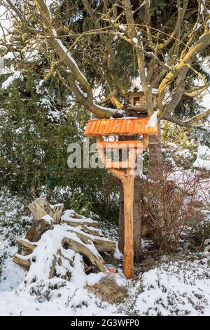 Einfaches Vogelhaus im Wintergarten Stockfoto