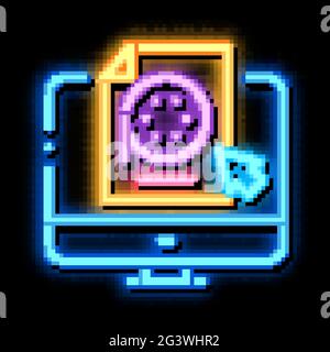 Auswahl des Videodokuments auf dem Computer Neon leuchten Symbol Illustration Stock Vektor