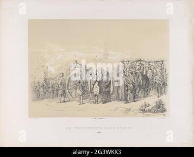 Utrechtse Masquerade von 1851: Spanische Tyrannei 1567; die Trübsal Spaniens. 1567; Vaterländische Geschichte. Von den frühesten Zeiten bis zum Ende des 17. Jahrhunderts, in acht Szenen, in einem von S.H. vorgeschlagenen Kostüm DTUDENTEN DER ERSTEN UKSCHOOL, DEN 25. JUNI 1851. EPISODE vom Beginn des Achtzigjährigen Krieges, 1567. Bürger, die in einem Hagen Pree inhaftiert sind, werden von spanischen Soldaten für die Reiter aus Juan de Vargas entlassen. Teil der Serie von acht Drucken der Maskerade der Studenten der Fachhochschule Utrecht, repräsentative Episoden aus der Patriotischen Geschichte, 25. Juni 18 Stockfoto