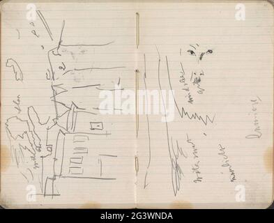 Blick auf die Lauriergracht in Amsterdam. Lauriergracht 7 und höher. Möglicherweise gesehen von Brug 112 in der Prinsengracht bis Lijnbaansgracht. Darüber hinaus eine Studie eines Gesichts. Seite 21 und Seite 22 aus einem Skizzenbuch mit 37 Blättern. Stockfoto