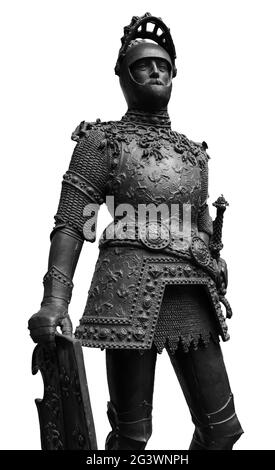 Skulptur von König Arthur alten Metall-Statue. Mittelalterliche Ritter Rüstung in voller Größe stehenden Krieger. Orden der Tempelritter und ein Stockfoto