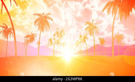 Sommer tropischer Hintergrund mit Himmel Sonnenuntergang und Kokospalme, 3d-Rendering. Stockfoto