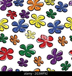 Nahtlose Doodle Blumen Muster auf weißem Hintergrund, mit Farben von LGBTQ Konzept, lila, blau, grün, gelb, Orange und Rot. Niedliche Blume Doodle p Stockfoto