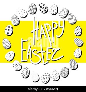 Frohe Ostern Illustration. Ein Kranz aus schwarzen und weißen Eiern mit verschiedenen skandinavischen Ornamenten auf gelbem Hintergrund. Frohe Ostern Schriftzug oder pl Stock Vektor