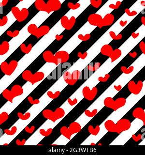 Nahtloses Vektor-Muster von handgezeichneten roten Herzen auf diagonal wiederholenden schwarzen und weißen Streifen Hintergrund. Valentinstag Februar 14 Festliches Element Stock Vektor