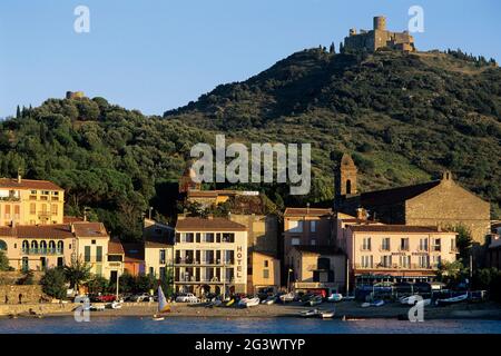 FRANKREICH. PYRENEES ORIENTALES (66) COTE VERMEILLE. DORF COLLIOURE. EINER DER STRÄNDE, DIE VOM FORT SAINT-ELME DOMINIERT WERDEN Stockfoto