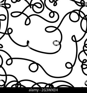 Nahtloses, chaotisch-monochromes Muster. Schwarze durchgehende Linie mit Biegungen und Locken isoliert auf weißem Hintergrund. Vektorgrafik abstrakte Stock Illustration mit Stock Vektor