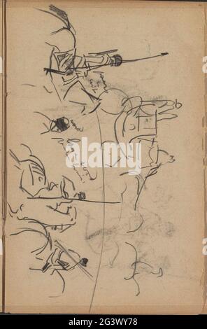 Prozession mit Kutsche und Soldaten auf dem Pferderücken. Die Kutsche und die Soldaten sind Teil der Prozession zur Krönung von Zar Nicolaas II. Seite 65 aus einem Skizzenbuch mit 50 Blättern. Stockfoto