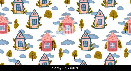 Niedliches Babymuster für Kleinkinder. Fabelhafte rosa Häuser auf weißem Hintergrund. Handgezeichneter Stil. Einfaches Muster für Textilien und Stoffe Stock Vektor