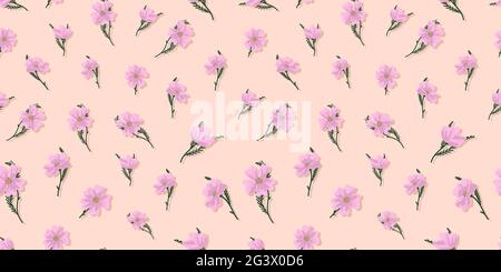 Sommermotive. Lila Wildblumen. Sommerlich nahtloses Muster für Stoff- und Textildesign. Digitales Papier mit rosa Blüten. Vintage-Muster, toll Stock Vektor
