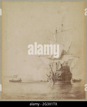 Fotoproduktion des Gemäldes 'The Kanonschot' von Willem van de Velde (II); Musée d'Amsterdam. Willem van de Velde La Jeune. - Le Coup de Canon .. Teil des Leporello-Albums mit Fotoproduktionen von Gemälden aus dem Rijksmuseum. Stockfoto