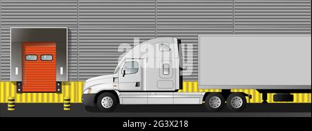Amerikanischer Anhänger am Tor des Lagerlogistikzentrums. Flache Vektorgrafik. Stock Vektor