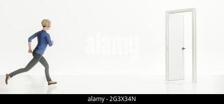 Junge Geschäftsfrau, die zu einer offenen Tür läuft Stockfoto