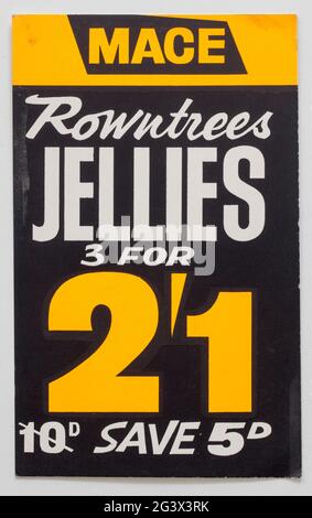 Karte zur Anzeige der Verkaufspreise der Jahrgänge der 1960er Jahre - Rowntrees Jellies Stockfoto