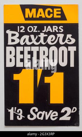 Vintage 1960er Shop Preiskarte - Baxters Rote Beete Stockfoto