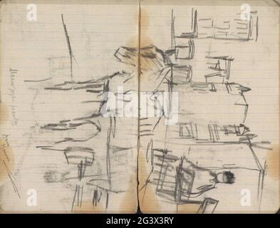 Pferd und Auto auf dem Dam-Platz in Amsterdam. Am Damrak. Seite 45 und Seite 46 aus einem Skizzenbuch mit 37 Blättern. Stockfoto