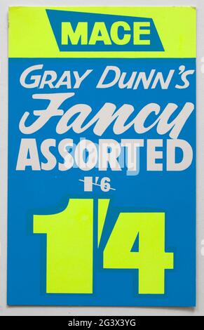 Vintage 1960er Shop Preisauszeige Karte - Grey Dunns Fancy verschiedene Kekse Stockfoto