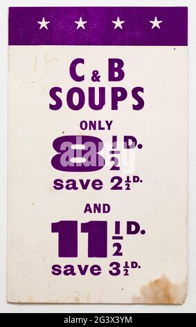 Vintage 1960er Shop Price Display Card - Crosse & Blackwell Suppen Stockfoto