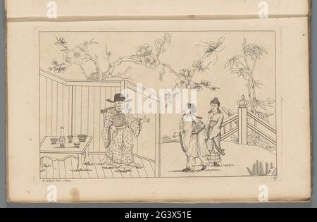 Reich gekleideter Mann auf einem Stuhl an einem gedeckten Tisch; Neue inkonvierte sinesen mit großem Moeyte kompliziert und darin gegeben, von P. Schenk Jun (...), zweiter Teil. Reich bekleideter Chinese auf einem Stuhl an einem gedeckten Tisch. Rechts zwei Figuren. Im Hintergrund blühen Äste. Print ist Teil eines Albums. Stockfoto
