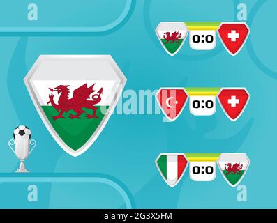 Zeitplan der nationalen Fußballmannschaft von Wales Vektor. Das Ergebnis der Fußballspiele in der Europameisterschaft 2020. Schilde mit der Flagge der Türkei, Stock Vektor