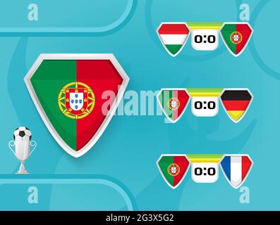 Zeitplan der Spiele der portugiesischen Fußballnationalmannschaft in der Europameisterschaft 2020. Schilde mit der Flagge von Ungarn, Portugal, Frankreich, Deutschland. Stock Vektor