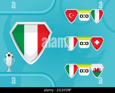Zeitplan der Fußball-Nationalmannschaft von Italien Vektor. Das Ergebnis der Fußballspiele in der Europameisterschaft 2020. Schilde mit der Flagge der Türkei, Stock Vektor