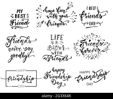 Friendship Happy Motivational Zitat für T-Shirt, Poster, Print, Merch Design Template. Happy Friends Forever Grußkarte Handgezeichneter Schriftzug. Stock Vektor