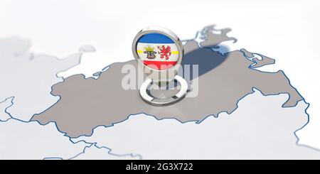 Bundesland Mecklenburg-Vorpommern und Navigationsnadel mit Mecklenburg-Vorpommern-Flagge Stockfoto
