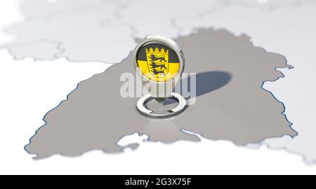 Bundesland Baden-WÃ¼rttemberg und Navigationsnadel mit Flagge Baden-WÃ¼rttemberg Stockfoto