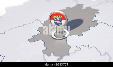 Bundesland Hessen und Navigationsnadel mit Hesse-Flagge Stockfoto