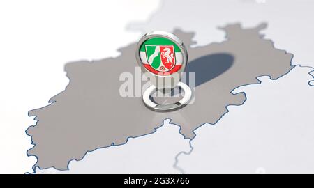 Land Nordrhein-Westfalen und Navigationsnadel mit Nordrhein-Westfälischer Flagge Stockfoto