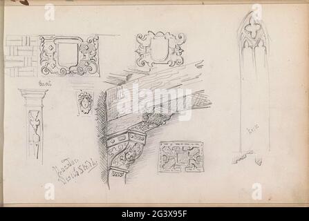 Architekturstudien. Unter anderem ein Kirchenfenster, Details der Fassadenarchitektur und eine Konsole. Blatt 17 Recto aus einem Skizzenbuch mit 58 Blättern. Stockfoto