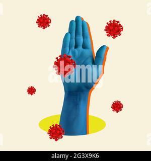 Covid-19 -schmutzige Hände und verschiedene Viren im Inneren. Konzept der Virusinfektion Stockfoto